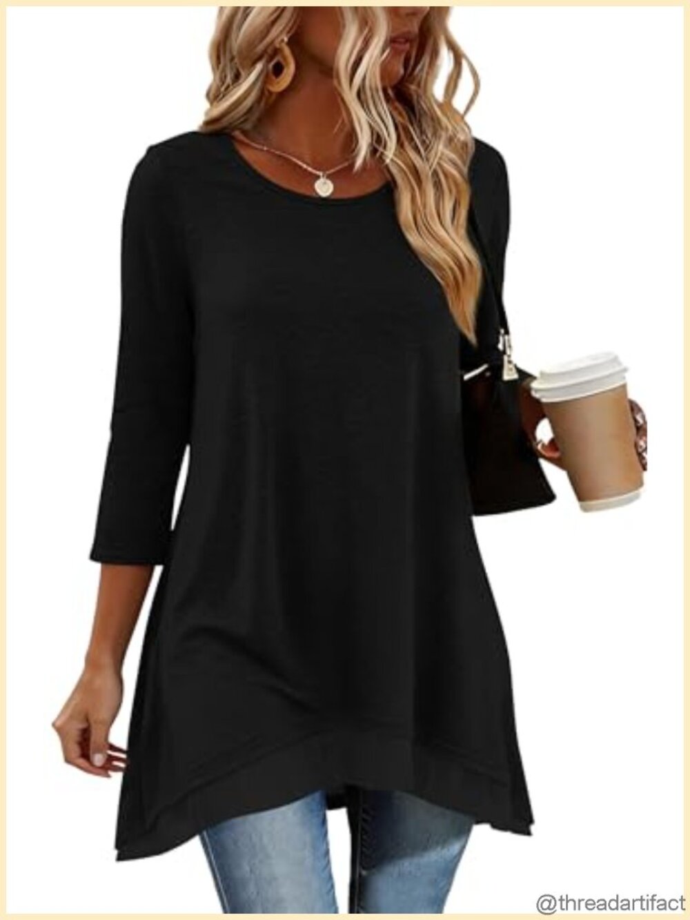 Womens 3/4 Sleeve Tunic Top with Pockets A-Line Long Shirt for Leggings